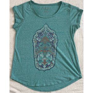 Lucky Brand Medallion Graphic T Shirt Women's Small Teal Boho Short Sleeve